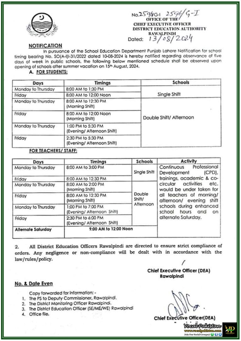 Revised School Timings for Rawalpindi Public Schools 5-Day Week Schedule Effective from 15th August 2024-Notification