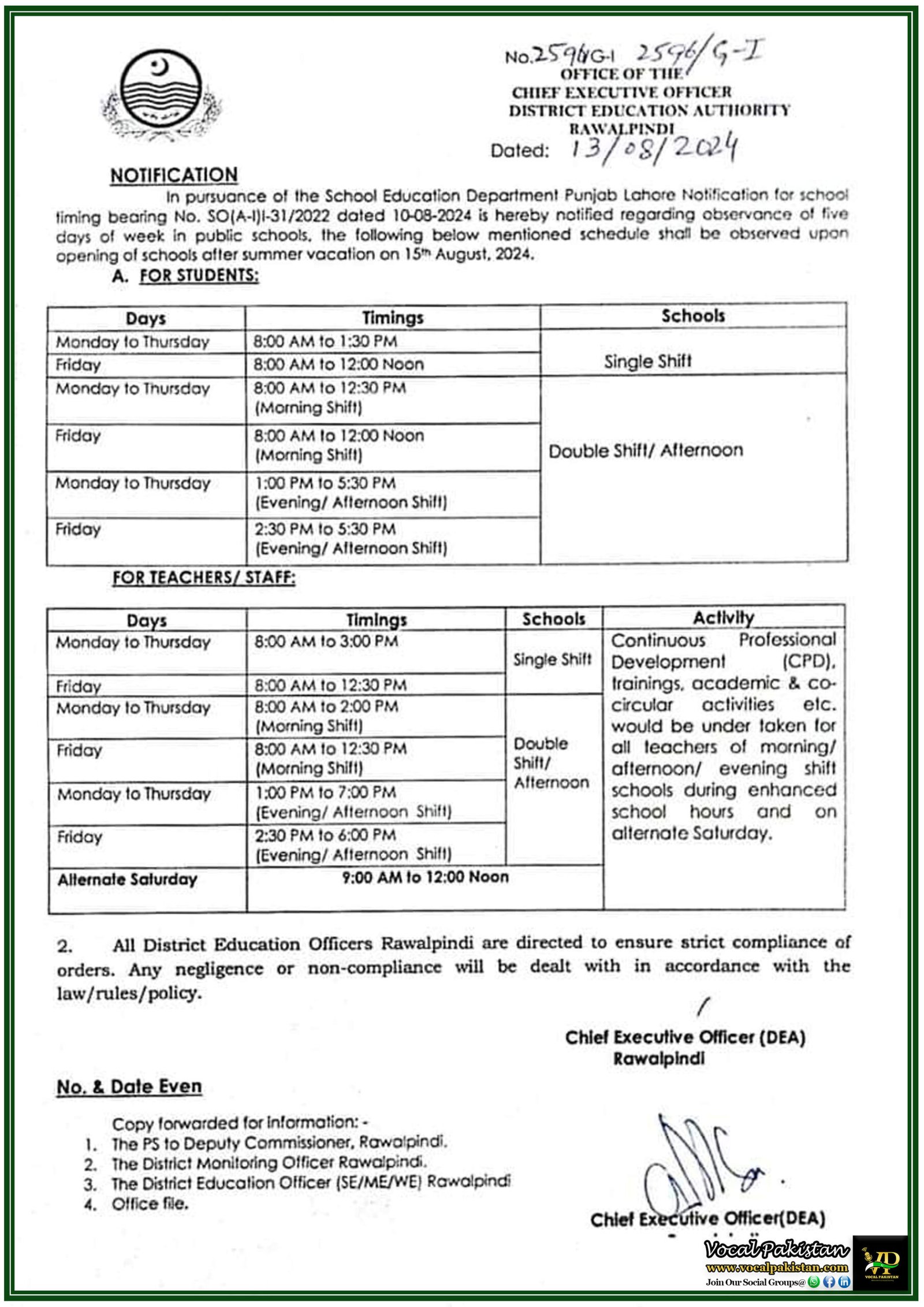 Revised School Timings for Rawalpindi Public Schools: 5-Day Week Schedule Effective from 15th August 2024-Notification