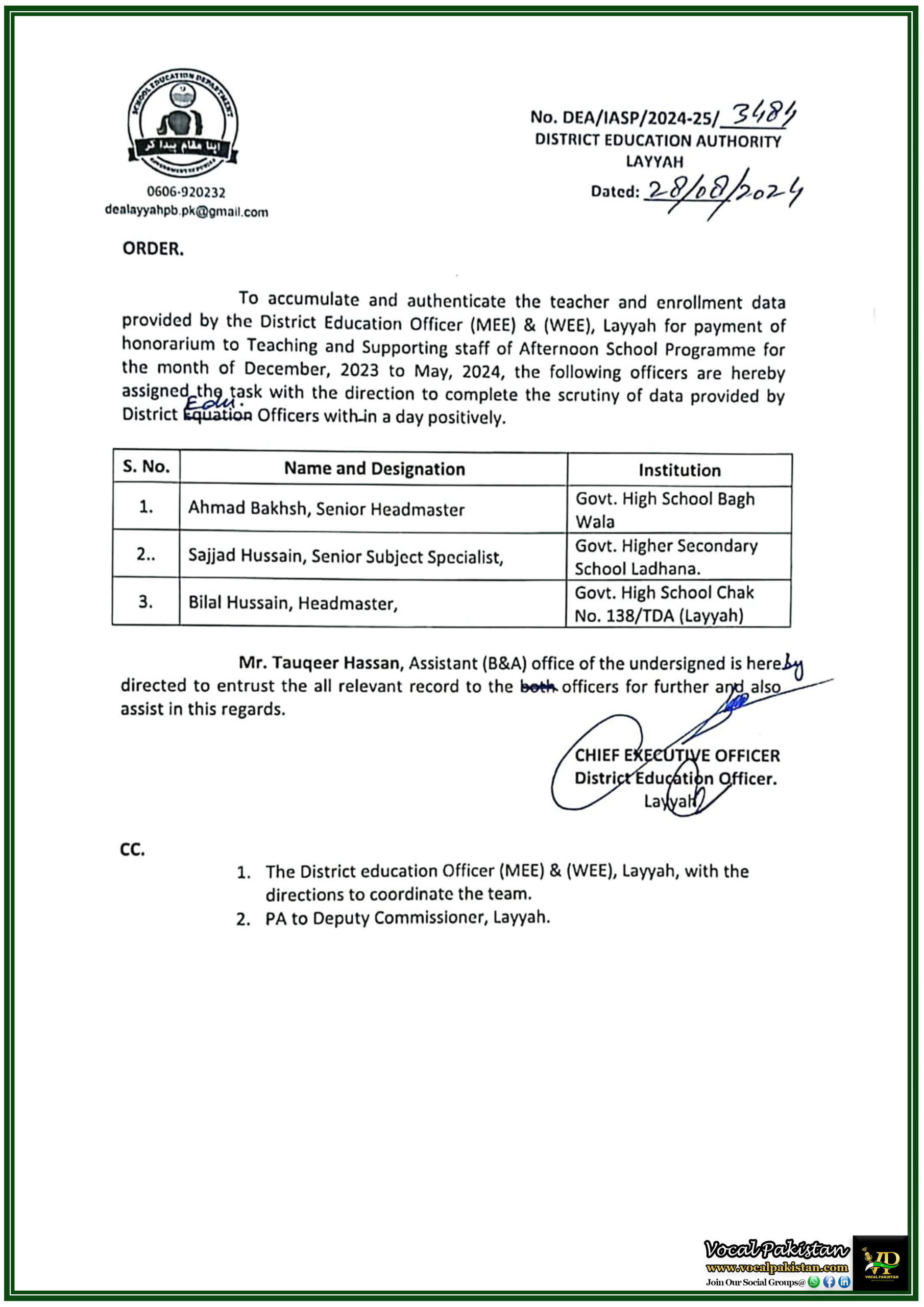 Punjab 8 Scrutiny of Teacher and Enrollment Data Initiated for Honorarium Payment under Layyah's Afternoon School Programme-Notification