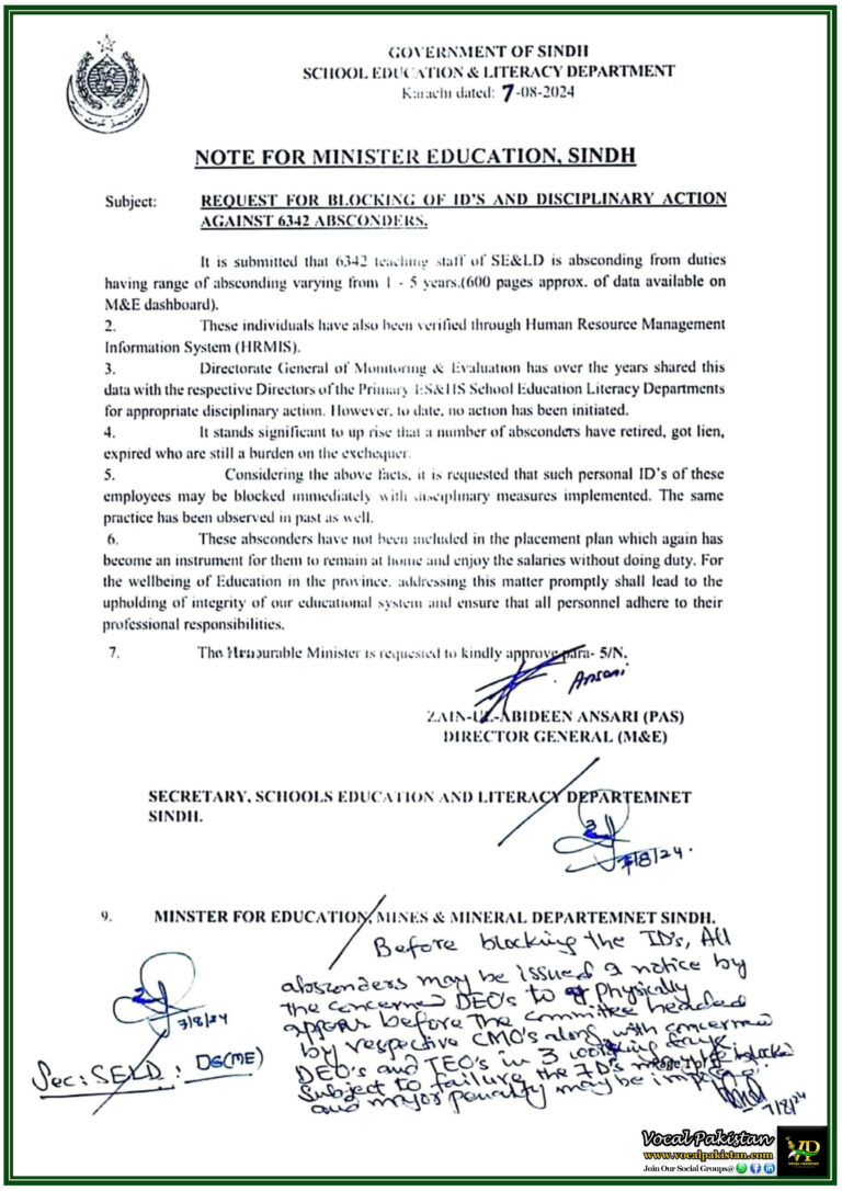 Sindh Education Department Seeks Immediate Action Through This “Note For Minister Education, Sindh” Against 6342 Absconding Teachers ID Blocking and Disciplinary Measures Requested