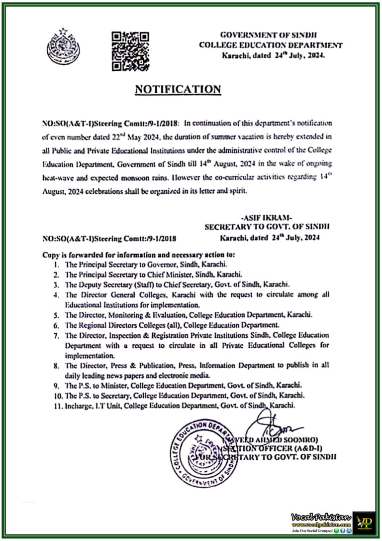 Sindh Extends College Summer Vacations till 14th August 2024 Amid Heatwave and Monsoon Concerns-Notification