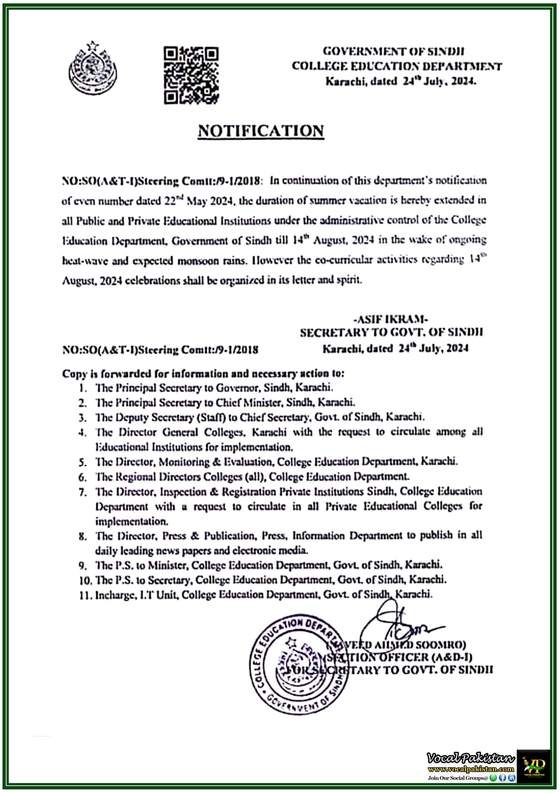 Sindh 10 Sindh Extends College Summer Vacations till 14th August 2024 Amid Heatwave and Monsoon Concerns-Notification