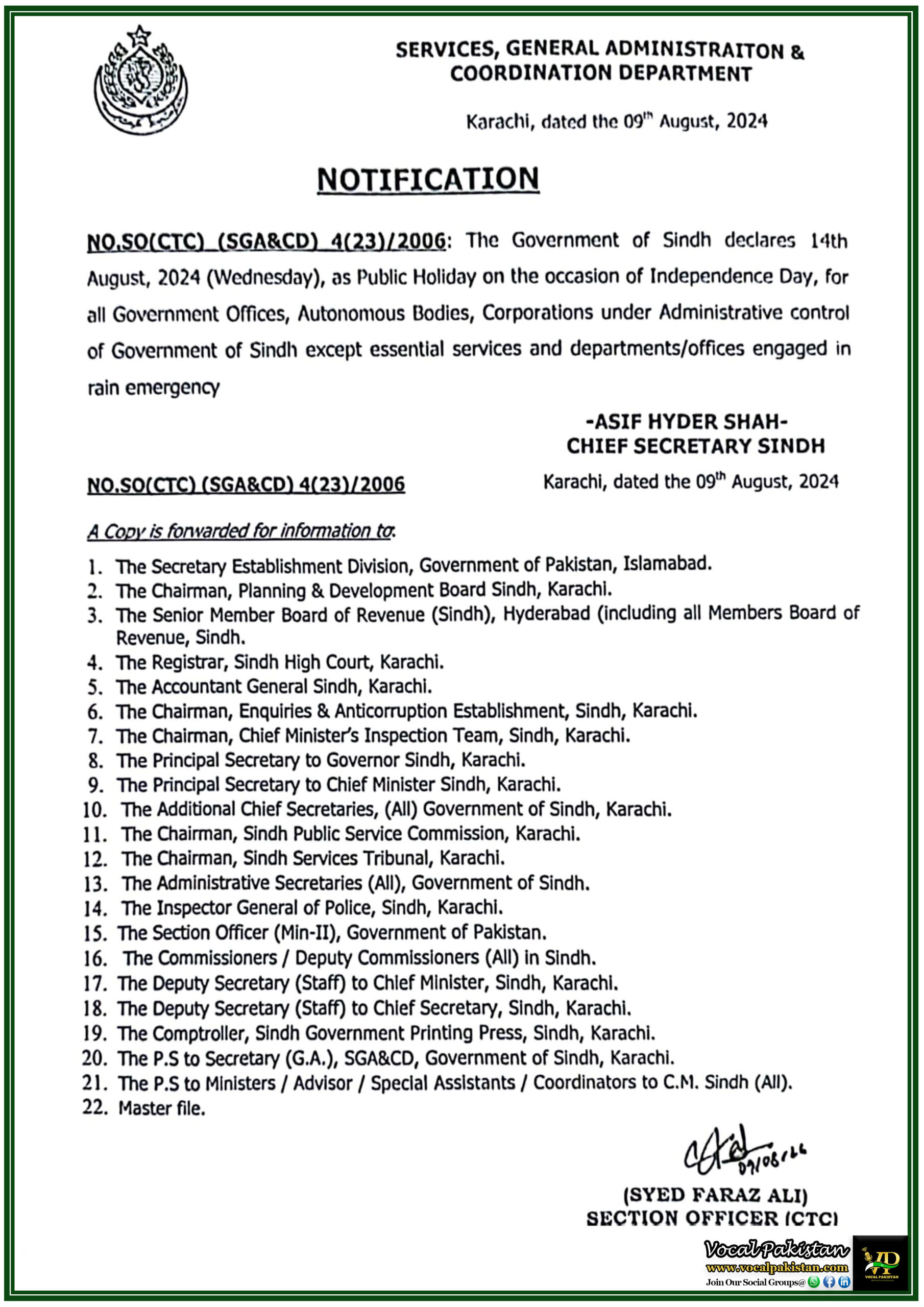 Sindh Government Announces Public Holiday on 14th August 2024 for ...