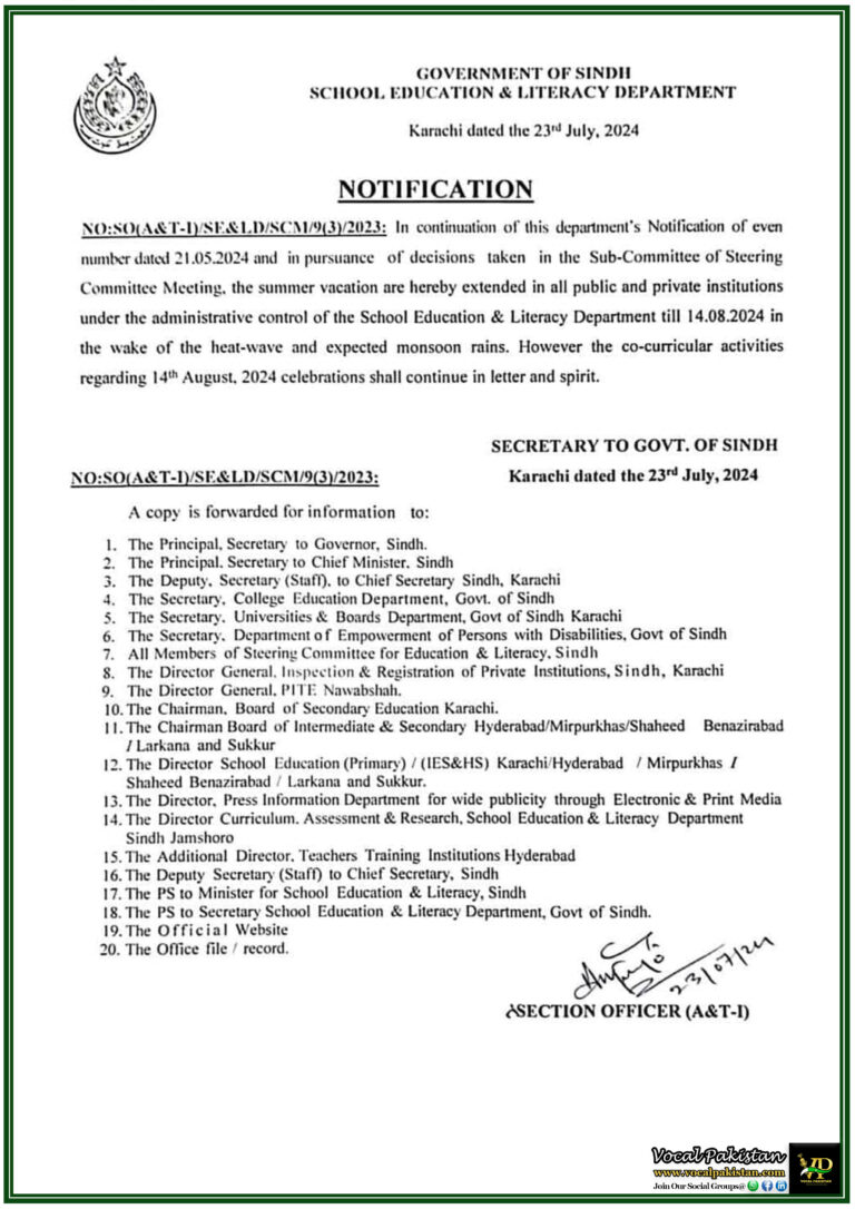 Sindh Government Extends School Closures Until August 14th Amid Heat Wave and Monsoon Rains-Notification