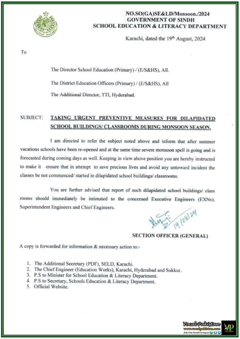 Sindh Government Orders Immediate Action to Secure Dilapidated School Buildings During Monsoon 2024-Notification