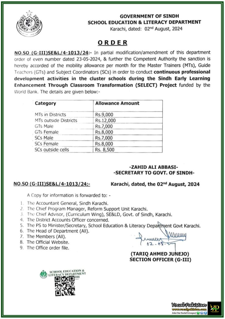 Sindh Govt. Sanctions Mobility Allowance for Educators Under SELECT Project-Notification