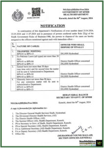 Sindh Health Department Delegates Administrative Powers for Transfers, Leaves, and Postings-Notification