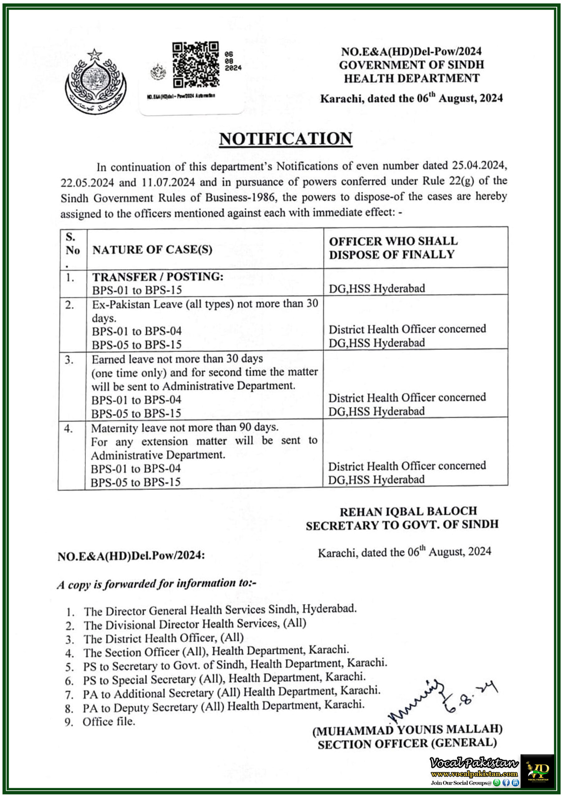 Sindh 3 Sindh Health Department Delegates Administrative Powers for Transfers, Leaves, and Postings-Notification
