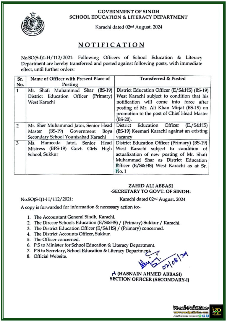 Sindh School Education Department Announces Key Officer Transfers August 2024 Update