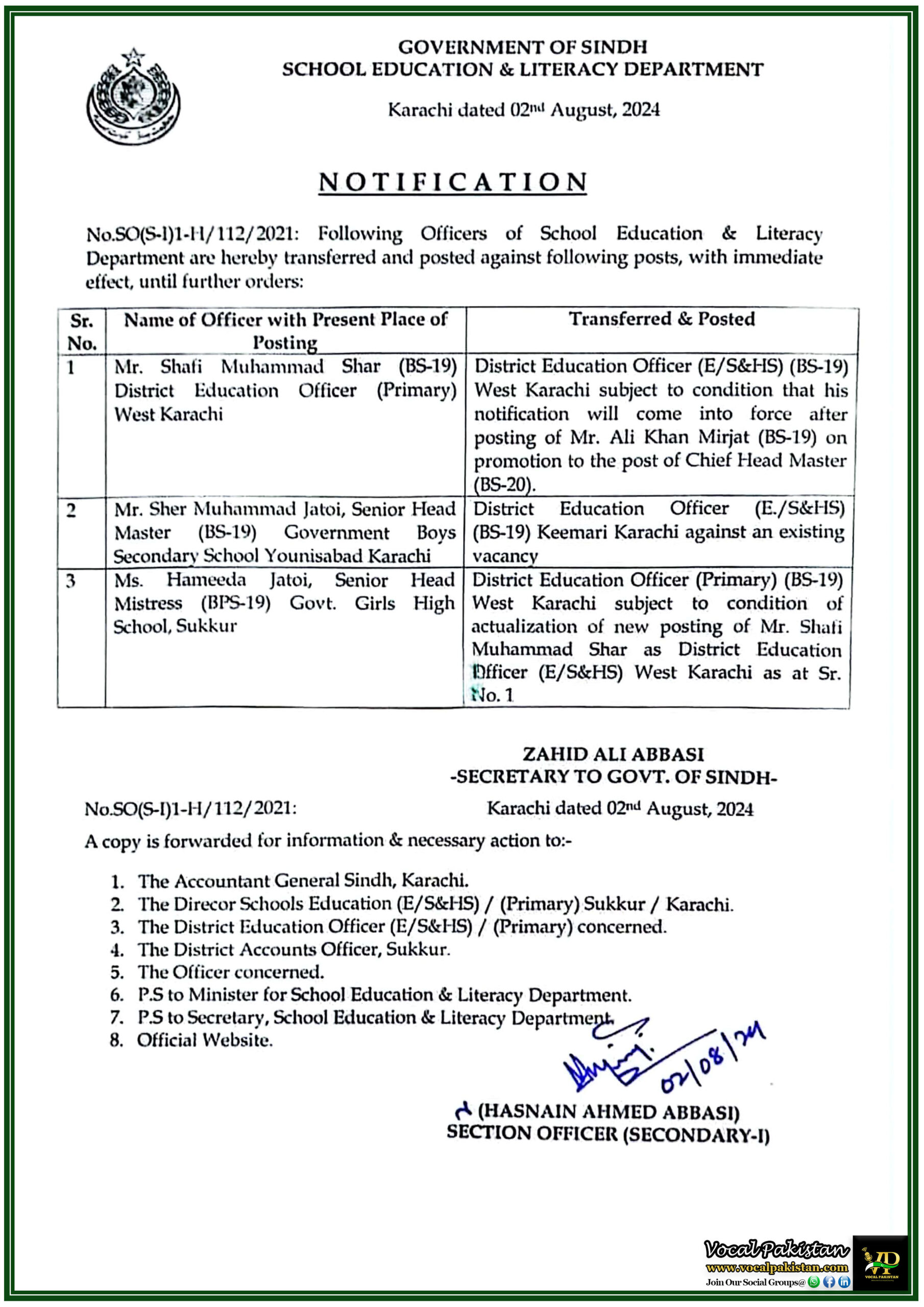 Sindh 5 Sindh School Education Department Announces Key Officer Transfers August 2024 Update