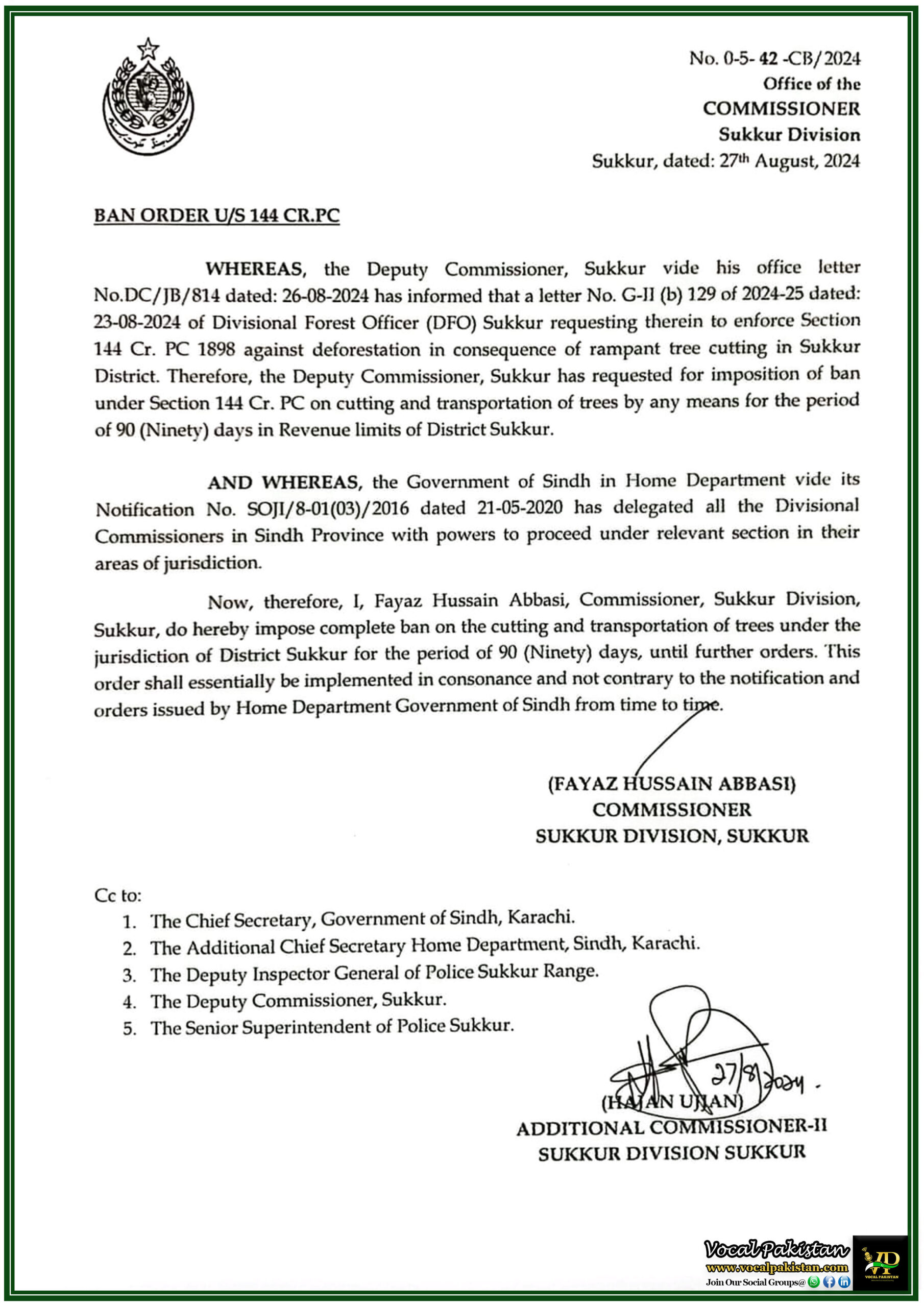 Sukkur Division Imposes 90-Day Ban on Tree Cutting and Transportation Under Section 144 Cr.PC-Notification