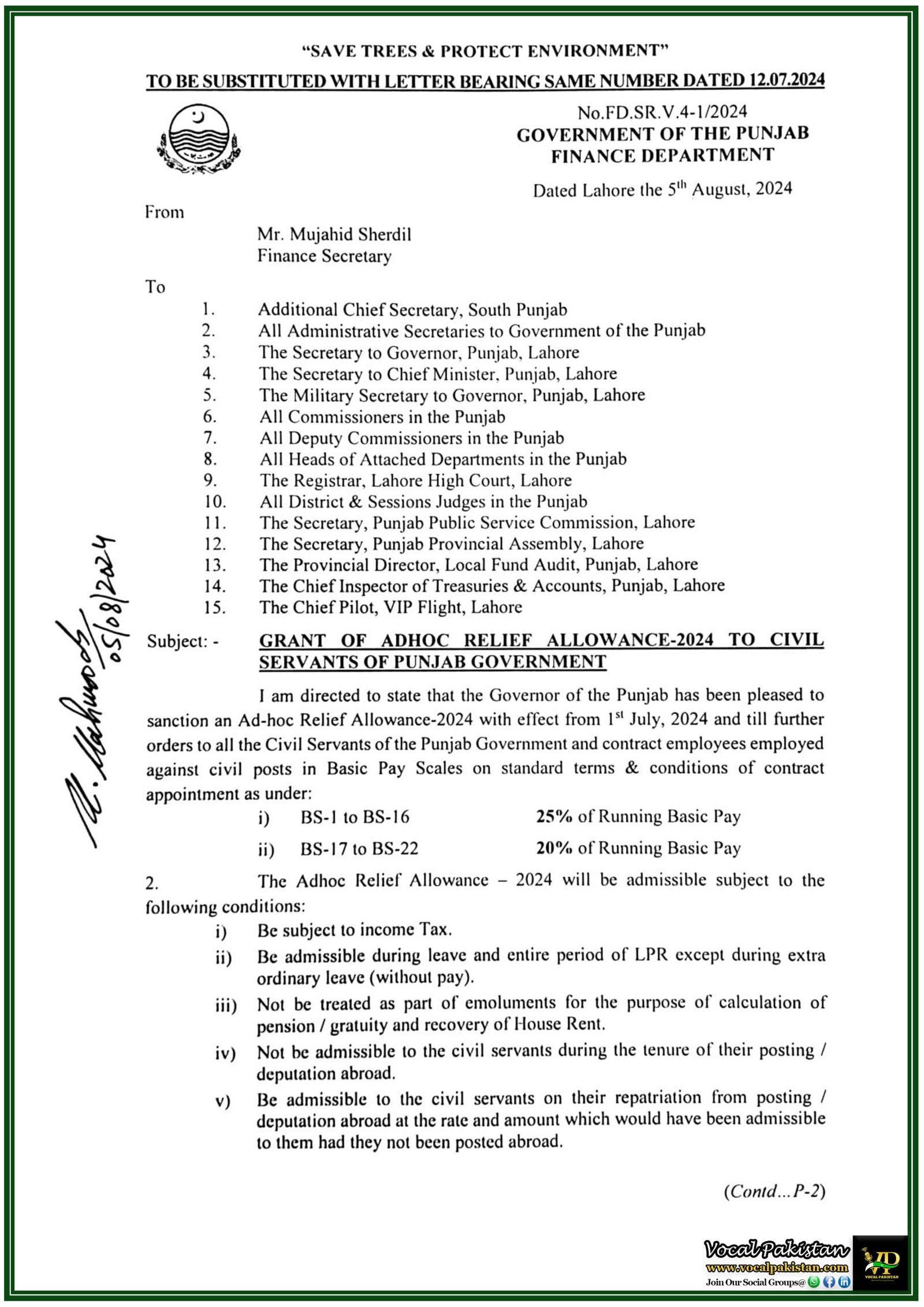 The Government Of Punjab Has Re-Issued The Adhoc Relief Allowance 2024 Notification With The Editions Of Para No. 4-Notification