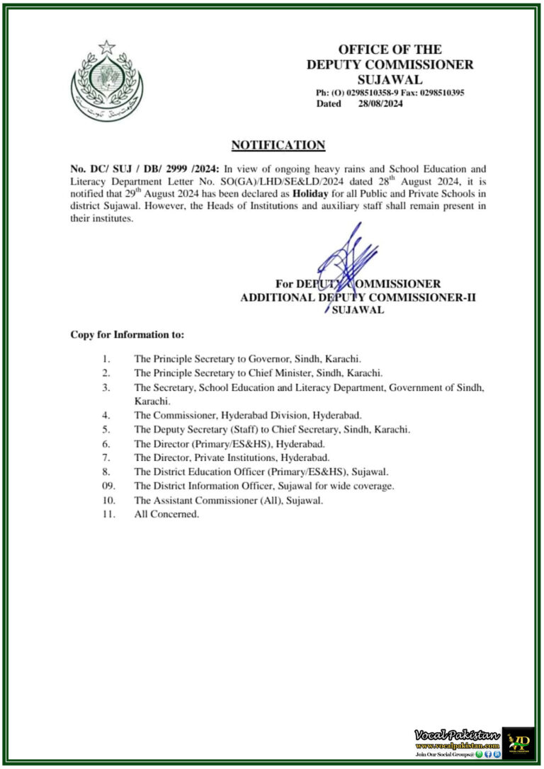 Urgent Alert Public and Private Schools in Sujawal Closed on 29th August 2024 Amid Severe Weather Conditions-Notification