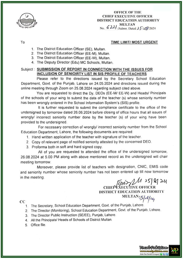 Urgent Directive Multan Education Authority Demands Immediate Correction of Teacher Seniority Data-Notification