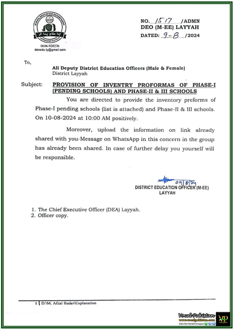 Urgent Submission of Inventory Proformas for Pending and Current Phases DEO Layyah Issues Directive-Notification