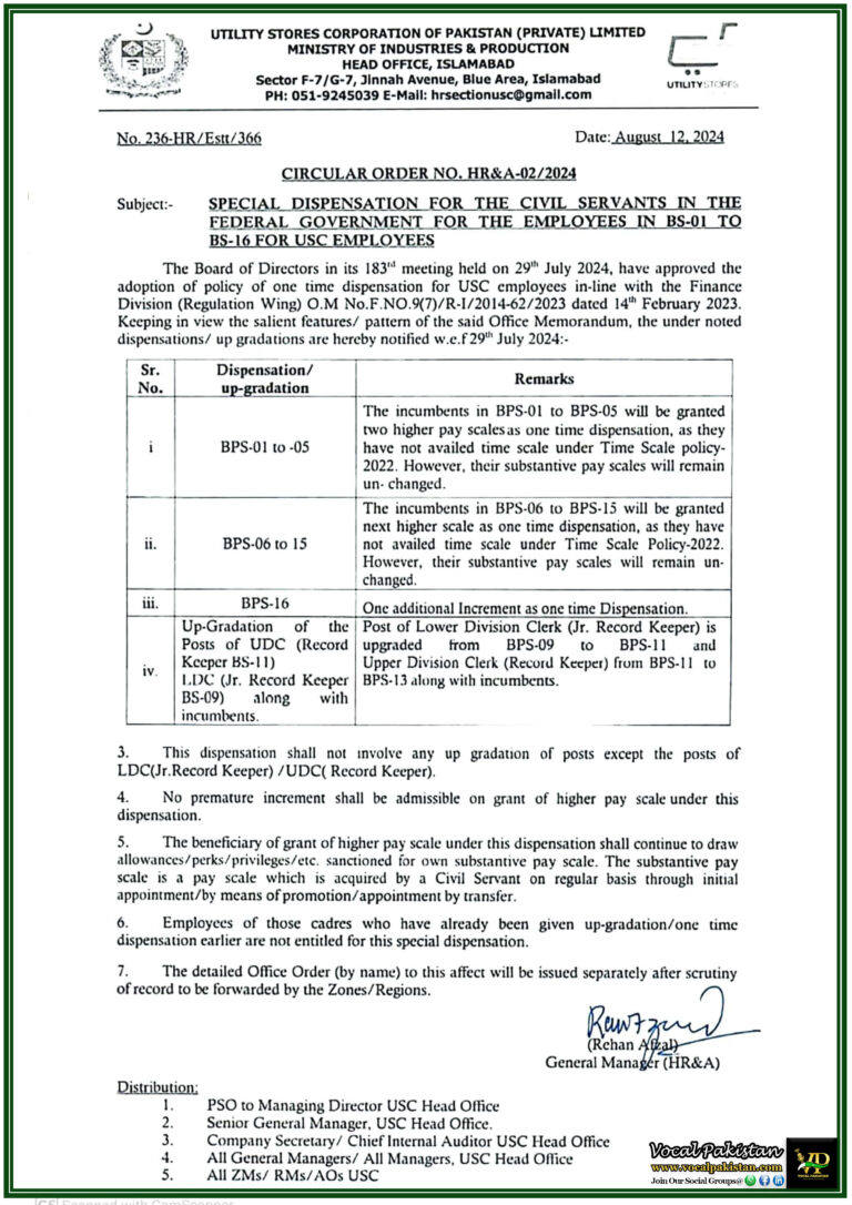 Utility Stores Corporation Announces Special Dispensation and Upgradations for Lower-Grade Employees-Notification