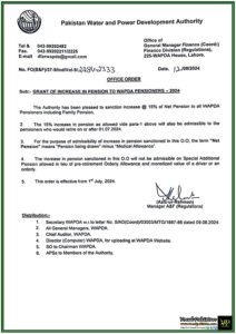 WAPDA Notification Regarding 15% Pension Increase for Current and Future Retirees Starting July 2024