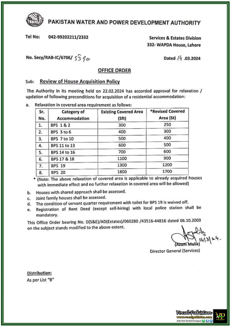 WAPDA Revises House Acquisition Policy Key Relaxations in Covered Area and Requirements- Notification