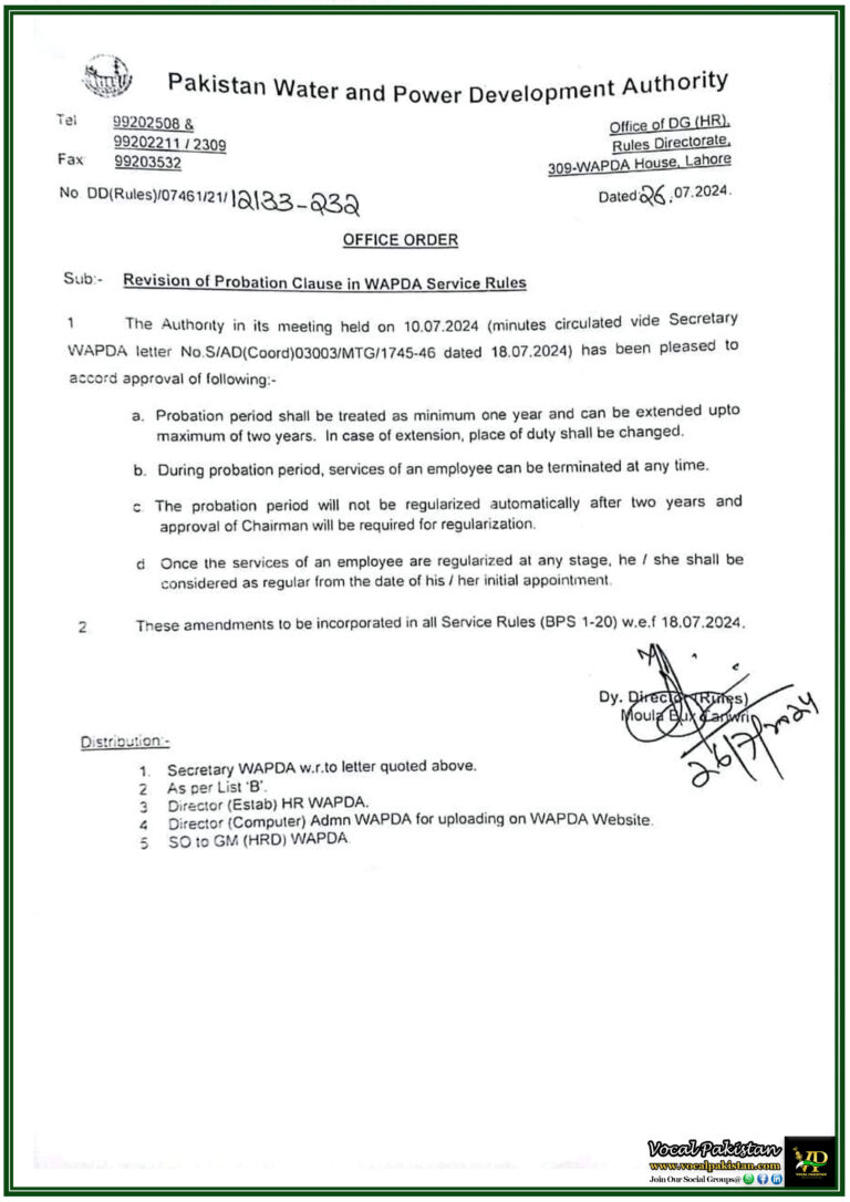 WAPDA Revises Probation Clause New Service Rules for BPS 1-20 Employees-Notification