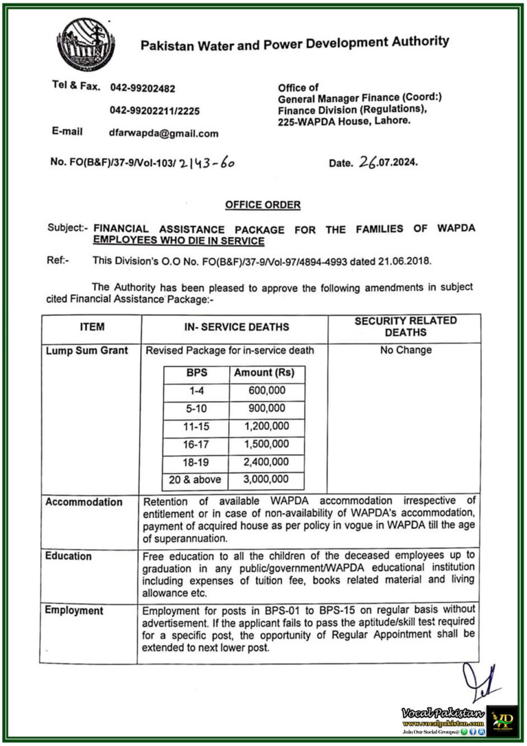 WAPDA Updates Financial Assistance Package: Enhanced Support for Families of Deceased Employees-Notification