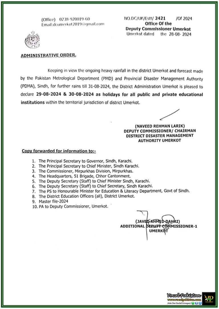 Weather Alert District Umerkot Educational Institutions Closed On for 29th and 30th August 2024 Amidst Heavy Rain Forecast-Notification