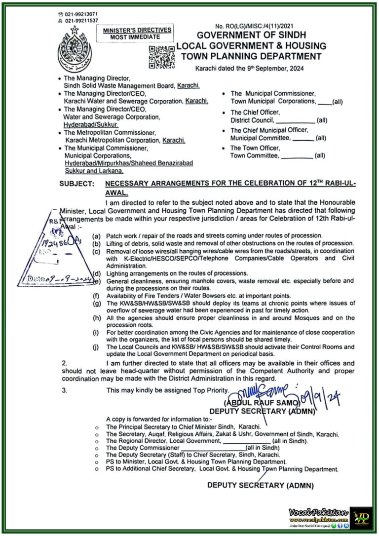 12th Rabi-ul-Awal Procession Arrangements in Sindh Local Government Issues Directives for Cleanliness, Lighting, and Safety-Notification