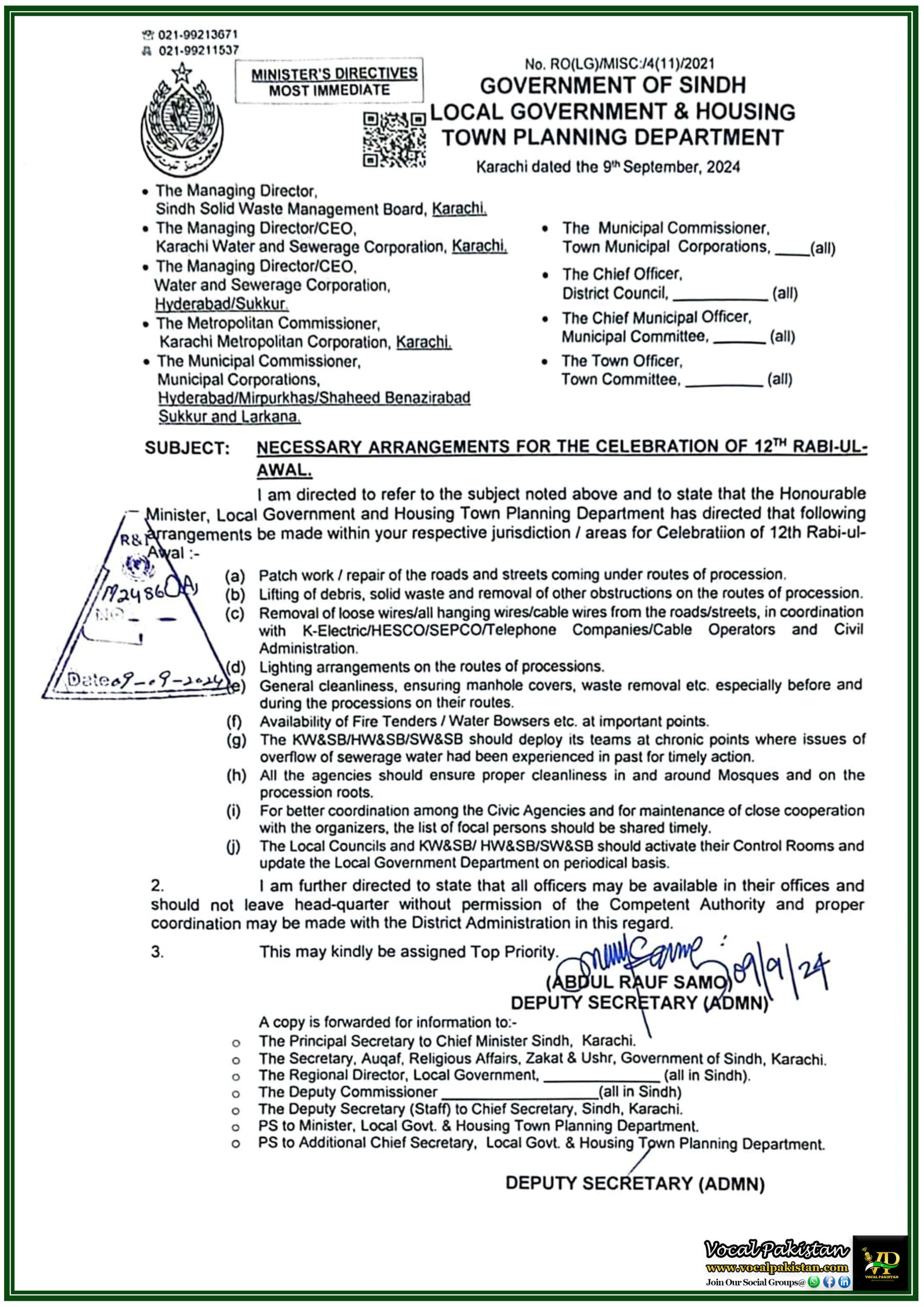 Sindh 10 12th Rabi-ul-Awal Procession Arrangements in Sindh Local Government Issues Directives for Cleanliness, Lighting, and Safety-Notification