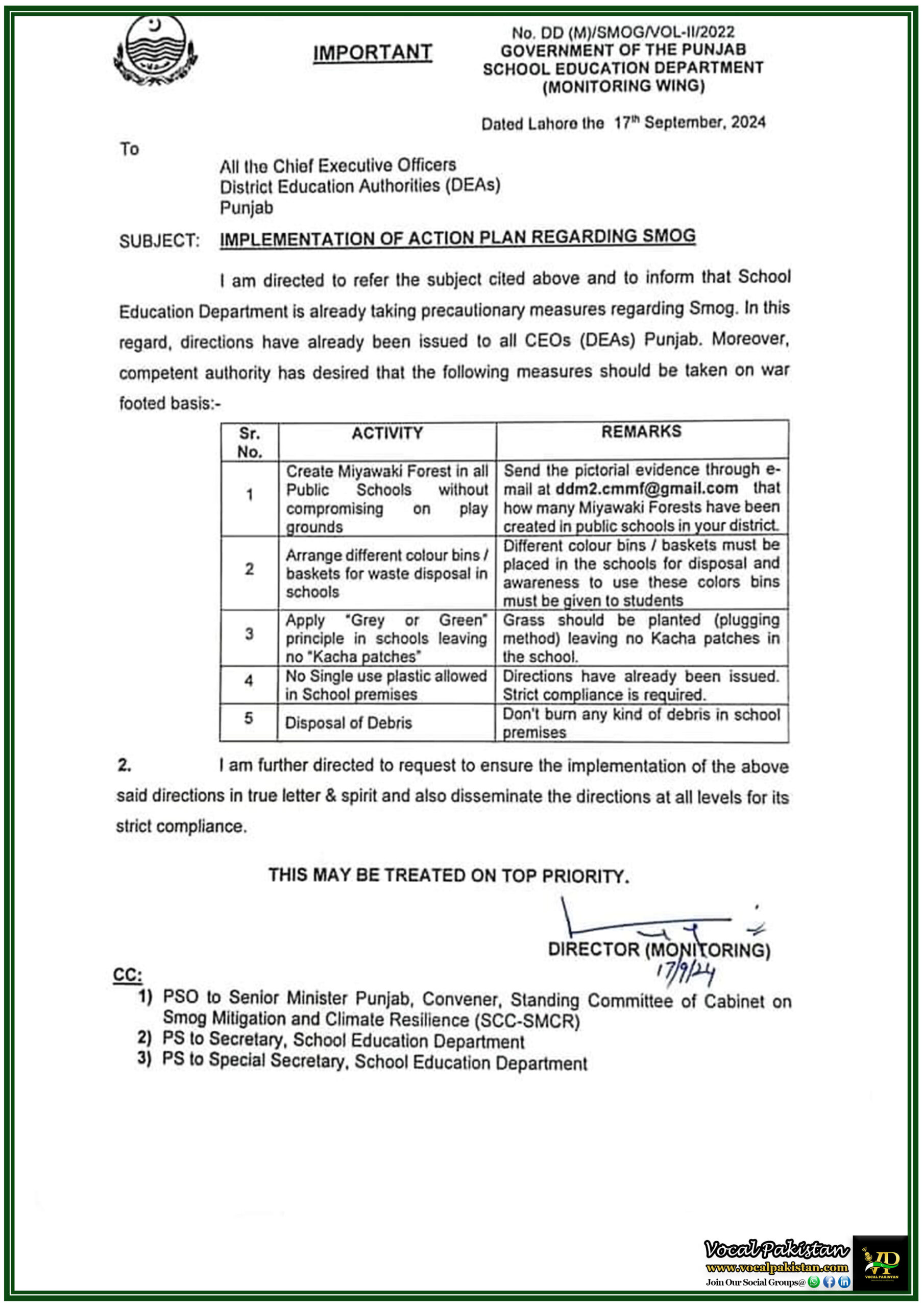 Government Jobs 10 Action Plan Against Smog: Public Schools in Punjab Directed to Implement Eco-Friendly Measures-Notification