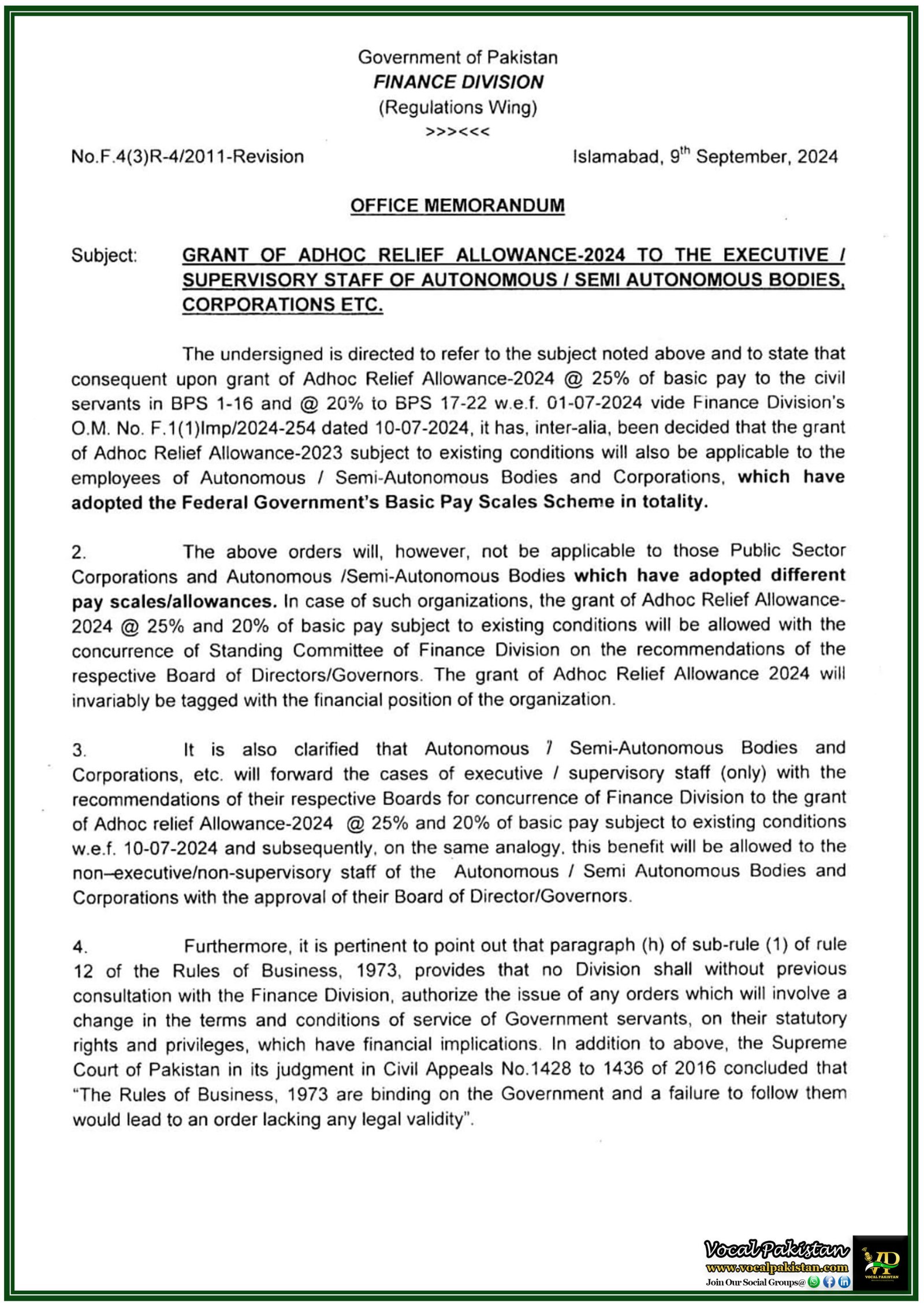 Adhoc Relief Allowance-2024: 25% and 20% Pay Raise for Executive and Supervisory Staff of Autonomous Bodies-Notification