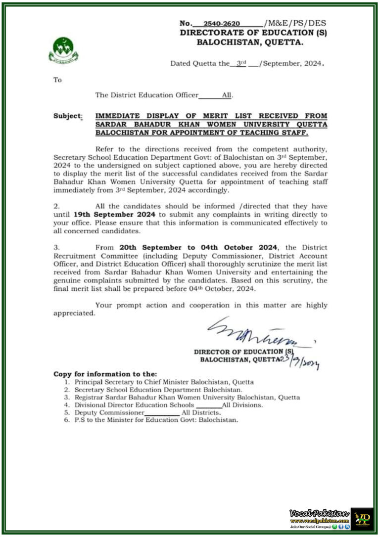 Balochistan Education Department Directs Merit List Display for Teaching Staff Appointments-Notification