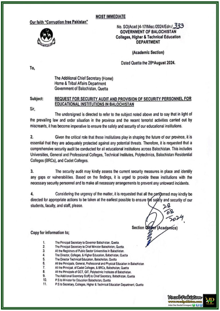 Balochistan Government Calls for Comprehensive Security Measures in Educational Institutions-Notification