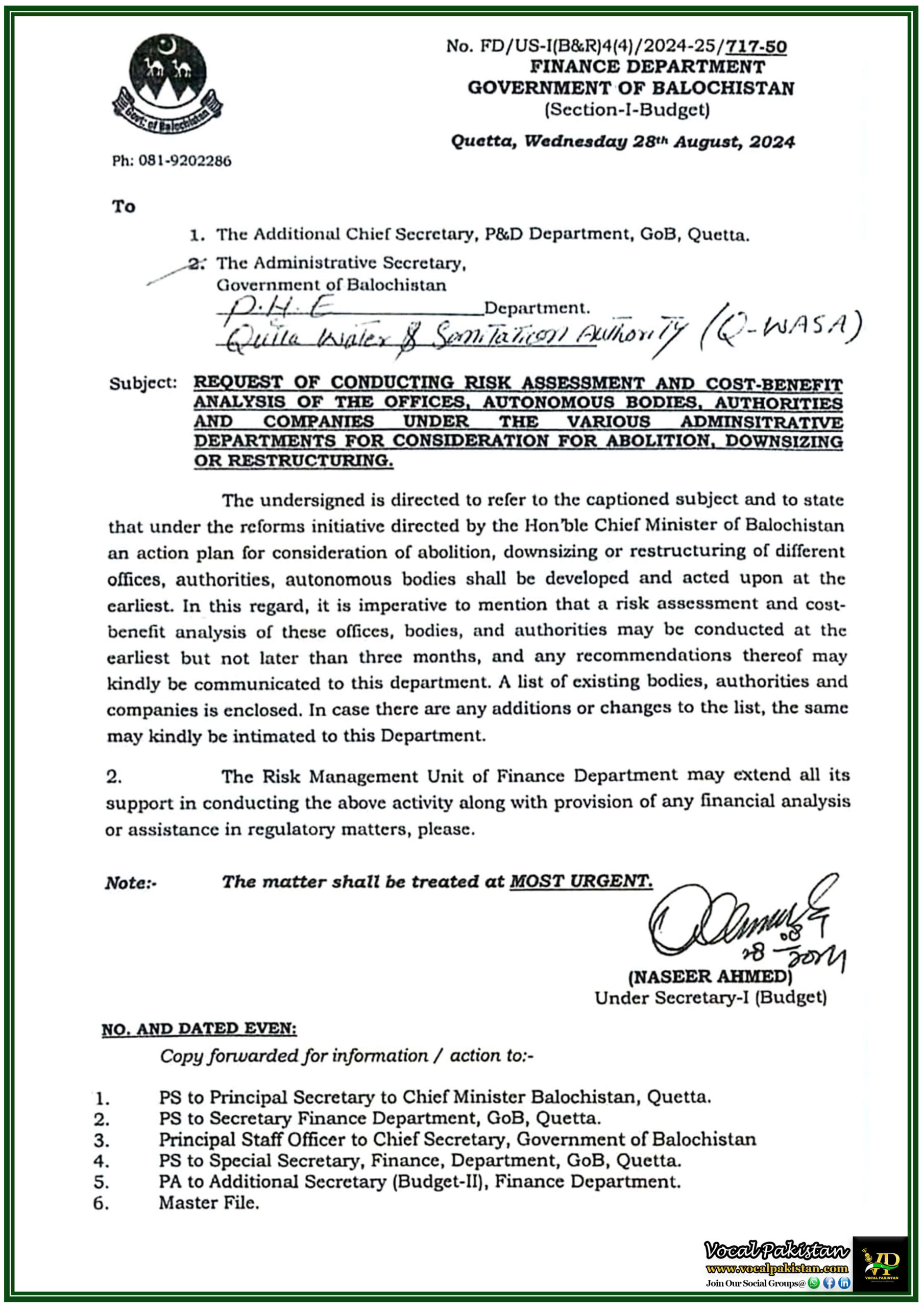 Government Jobs 1 Balochistan Government Initiates Risk Assessment and Cost-Benefit Analysis for Restructuring of Offices and Authorities-Notification