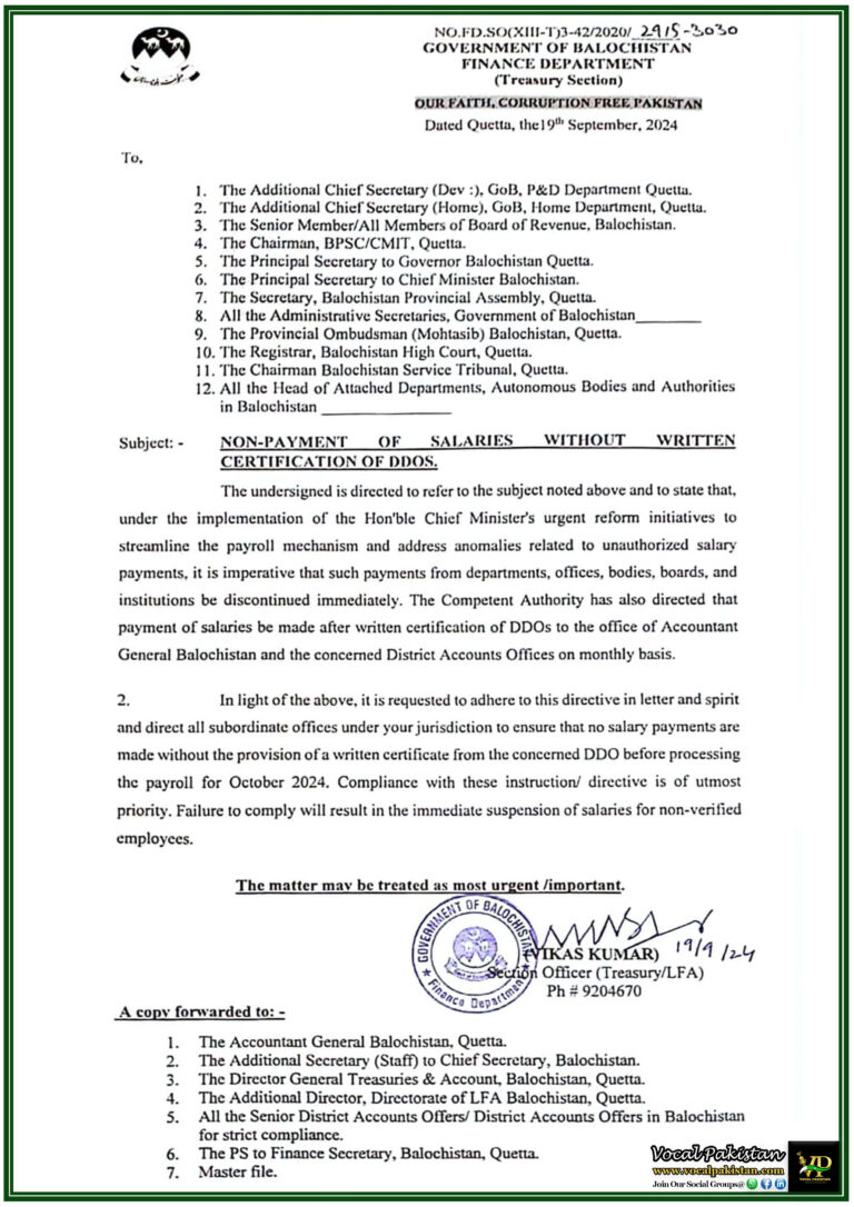 Balochistan Government Suspends Salary Payments Without DDO Certification Immediate Compliance Required-Notification