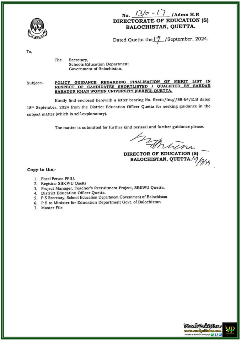 Balochistan's Education Directorate Seeks Clarity on Merit List Finalization for SBKWU Candidates-Notification