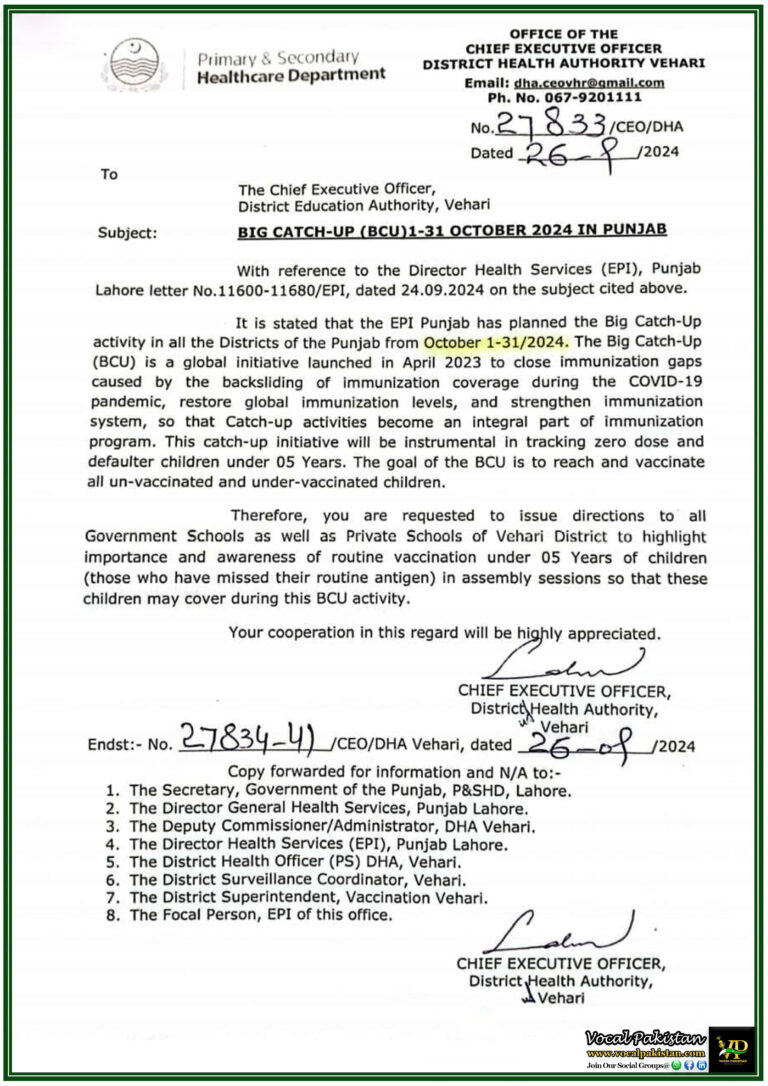 Big Catch-Up Initiative 2024 Vehari Schools to Promote Vaccination Drive for Children Under 5-Notification