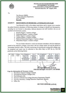Biometric Attendance Scrutiny Sindh College Education Department Targets Absconders and Absentees-Notification