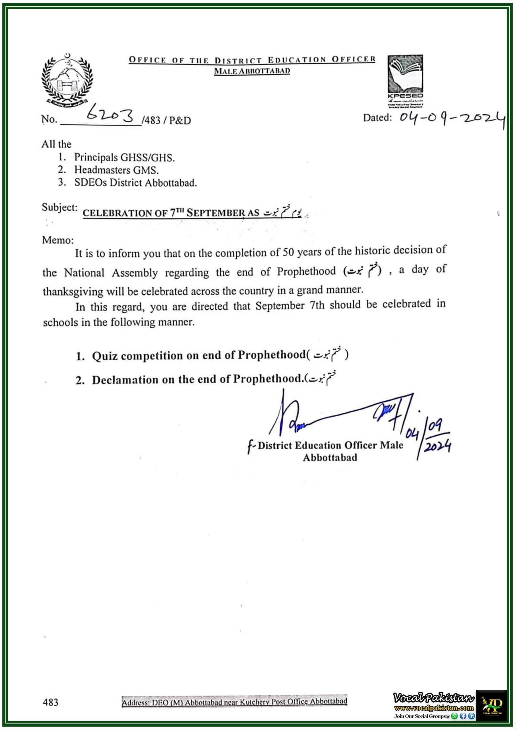Celebration of 50 Years of Khatam-e-Nabwat Schools in Abbottabad Schools to Host Special Events on 7th September 2024-Notification