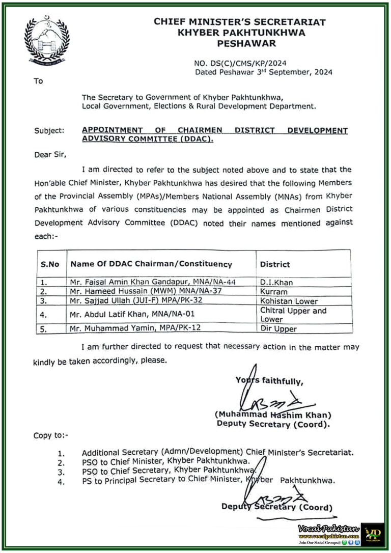 Chief Minister Appoints New Chairmen for District Development Advisory Committees in Key Khyber Pakhtunkhwa Districts-Notification