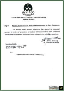 Chief Minister Balochistan Calls for Smart, Efficient Medical Reimbursement System for Government Staff-Notification