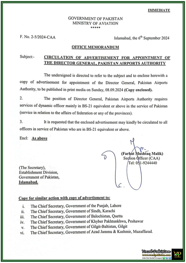 Circulation of Advertisement for Director General Appointment in Pakistan Airports Authority-Notification