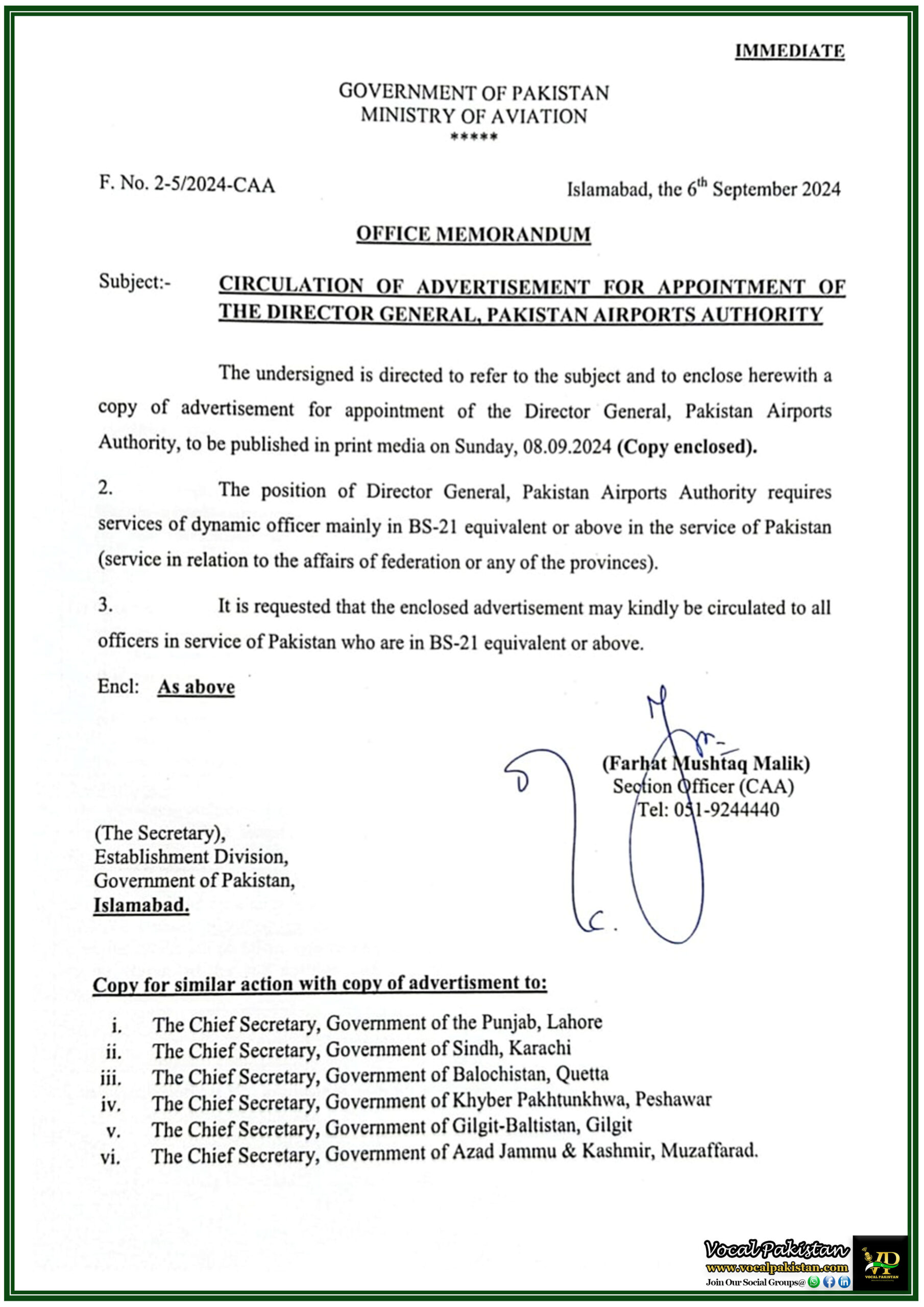 Federal 6 Circulation of Advertisement for Director General Appointment in Pakistan Airports Authority-Notification