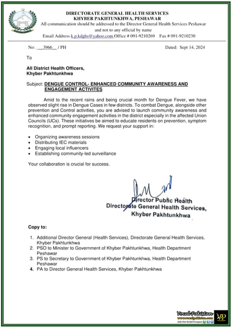 Community Engagement and Awareness Drive Launched to Combat Dengue in Khyber Pakhtunkhwa-Notification