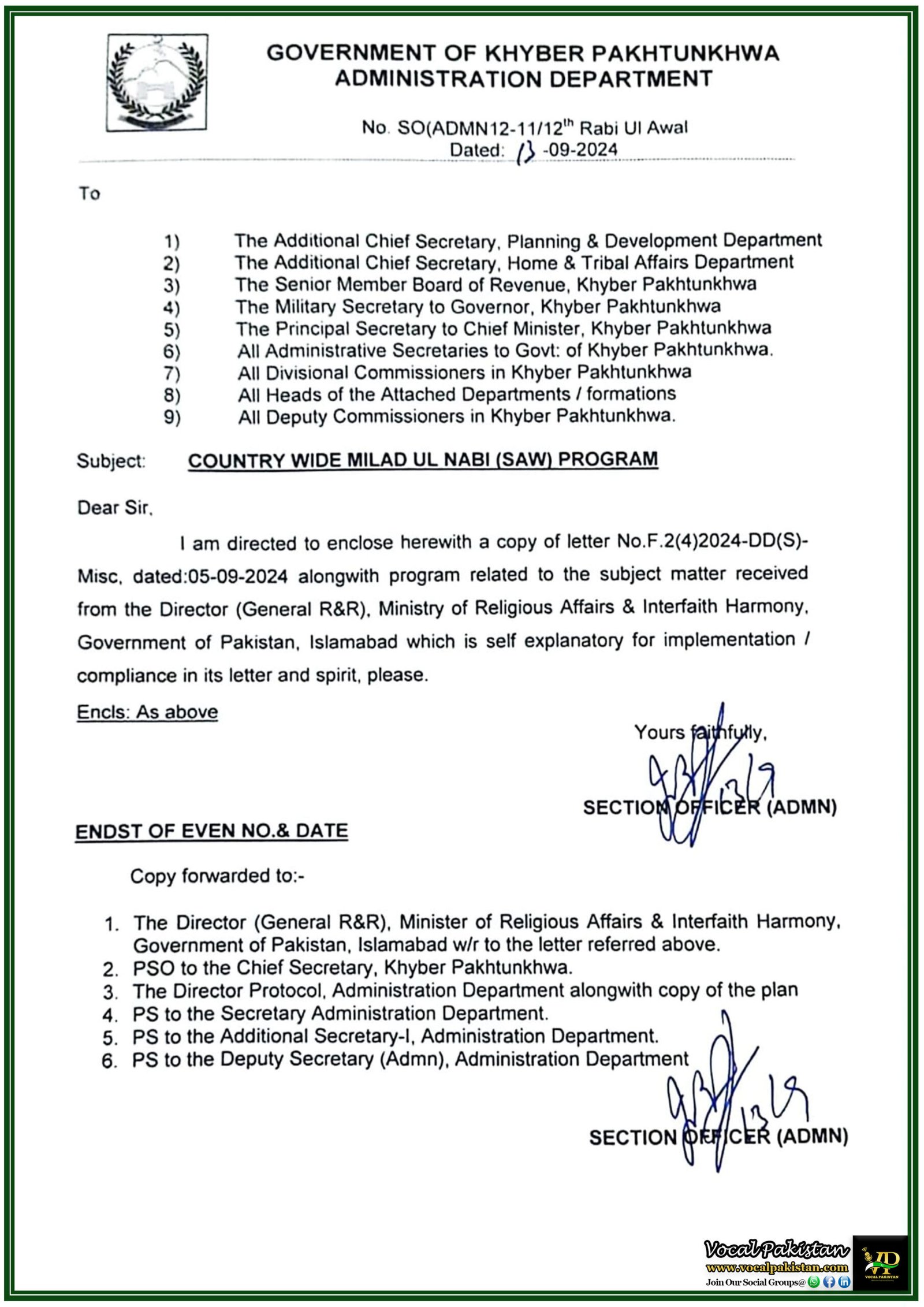 Country Wide Milad Ul Nabi (SAW) Program: Khyber Pakhtunkhwa’s Official Directives for Celebrations Across All Departments-Notification