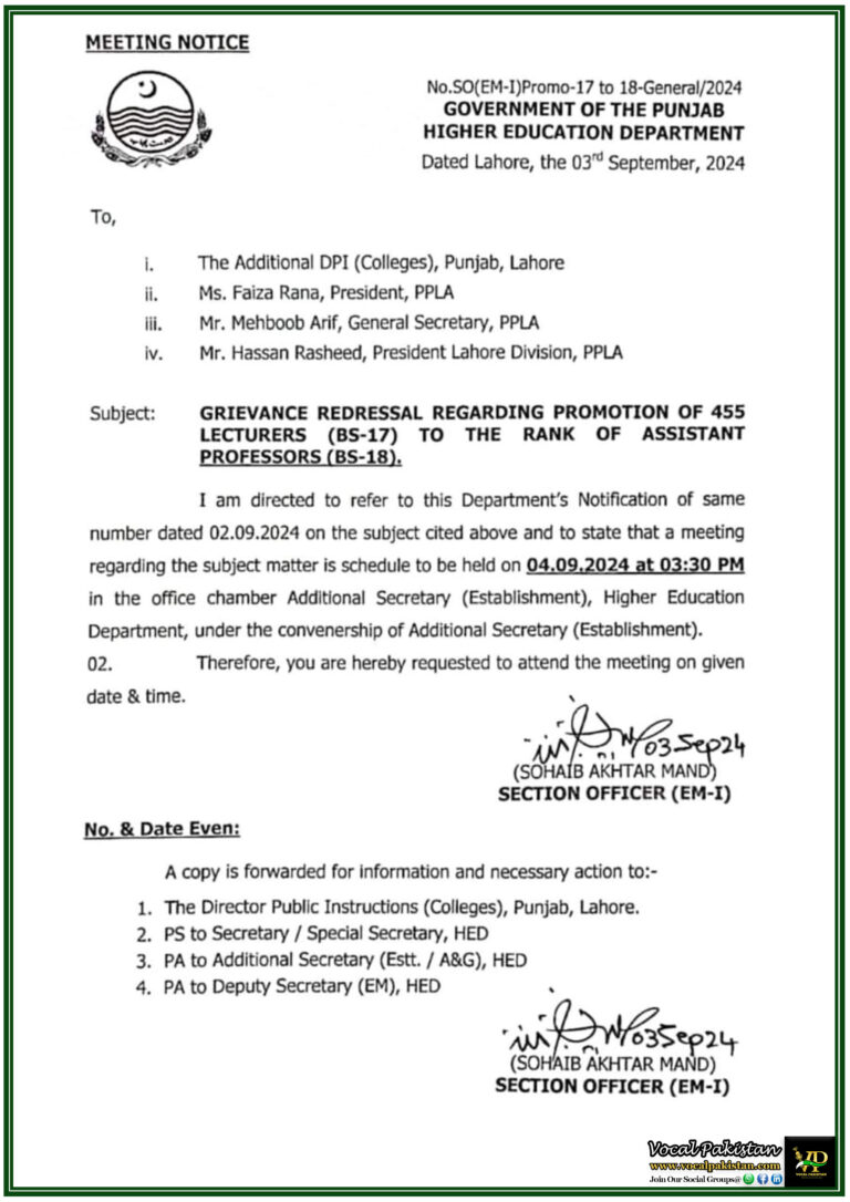 Crucial Meeting Scheduled on 4th September to Resolve Promotion Issues of 455 Lecturers in Punjab-Notification