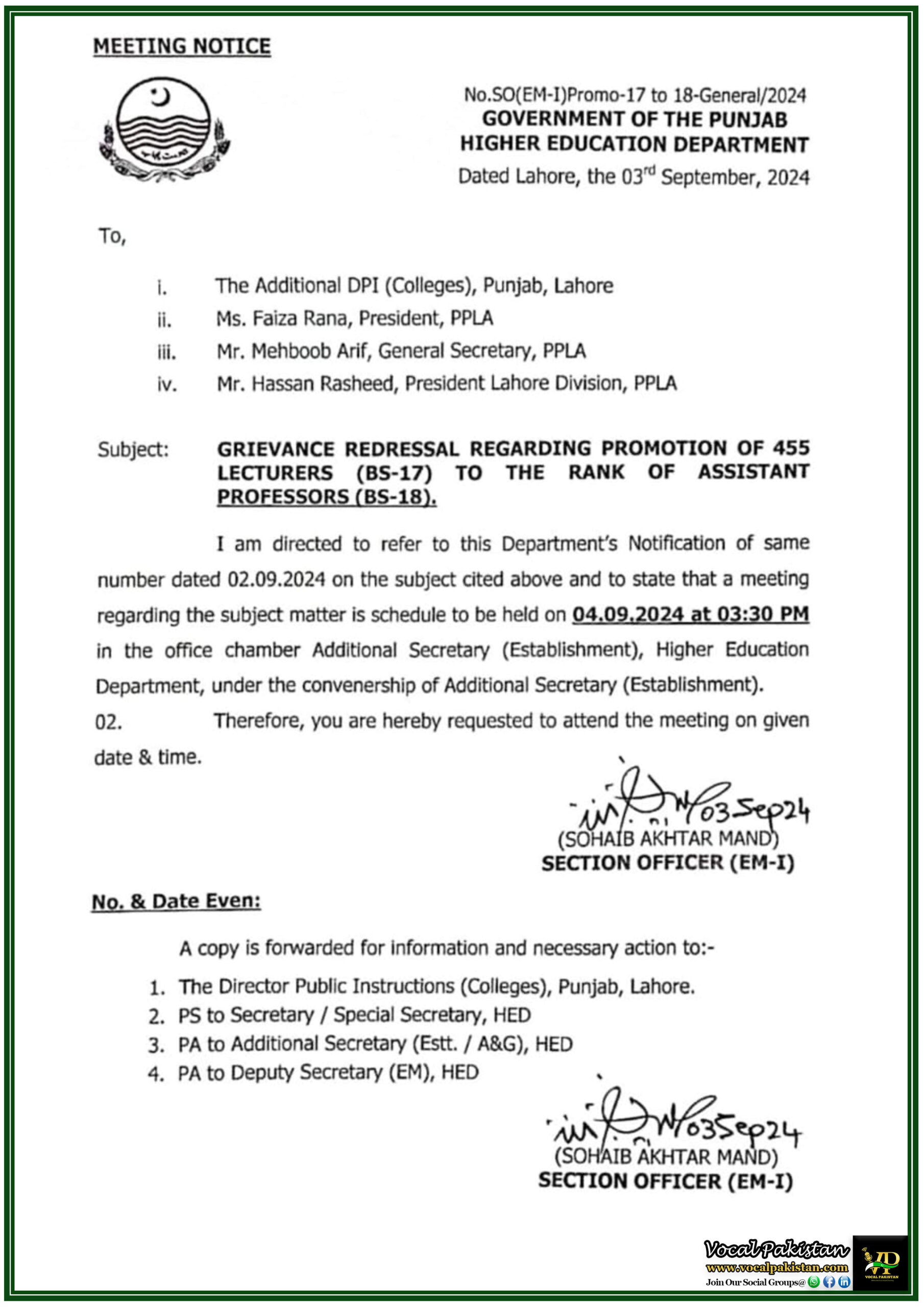 Punjab 2 Crucial Meeting Scheduled on 4th September to Resolve Promotion Issues of 455 Lecturers in Punjab-Notification