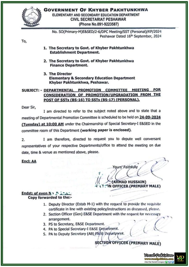 Departmental Promotion Committee Meeting for SSTs (BS-16) to SSTs (BS-17) in Khyber Pakhtunkhwa – 24th September 2024-Notification