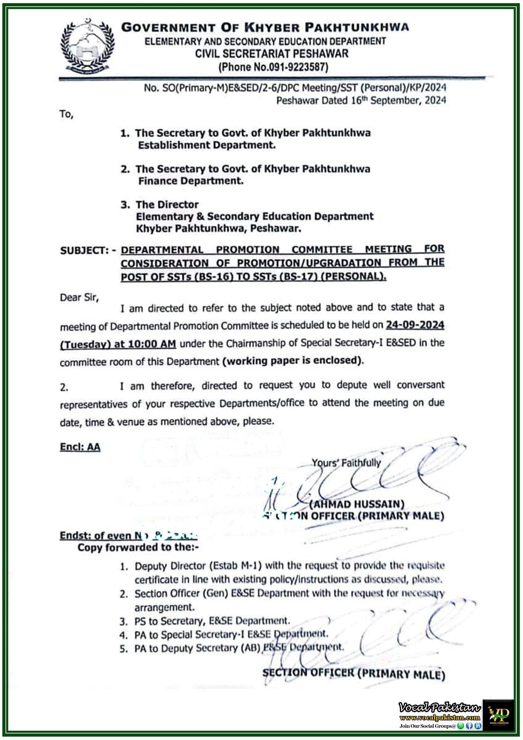 Government Jobs 9 Departmental Promotion Committee Meeting for SSTs (BS-16) to SSTs (BS-17) in Khyber Pakhtunkhwa – 24th September 2024-Notification