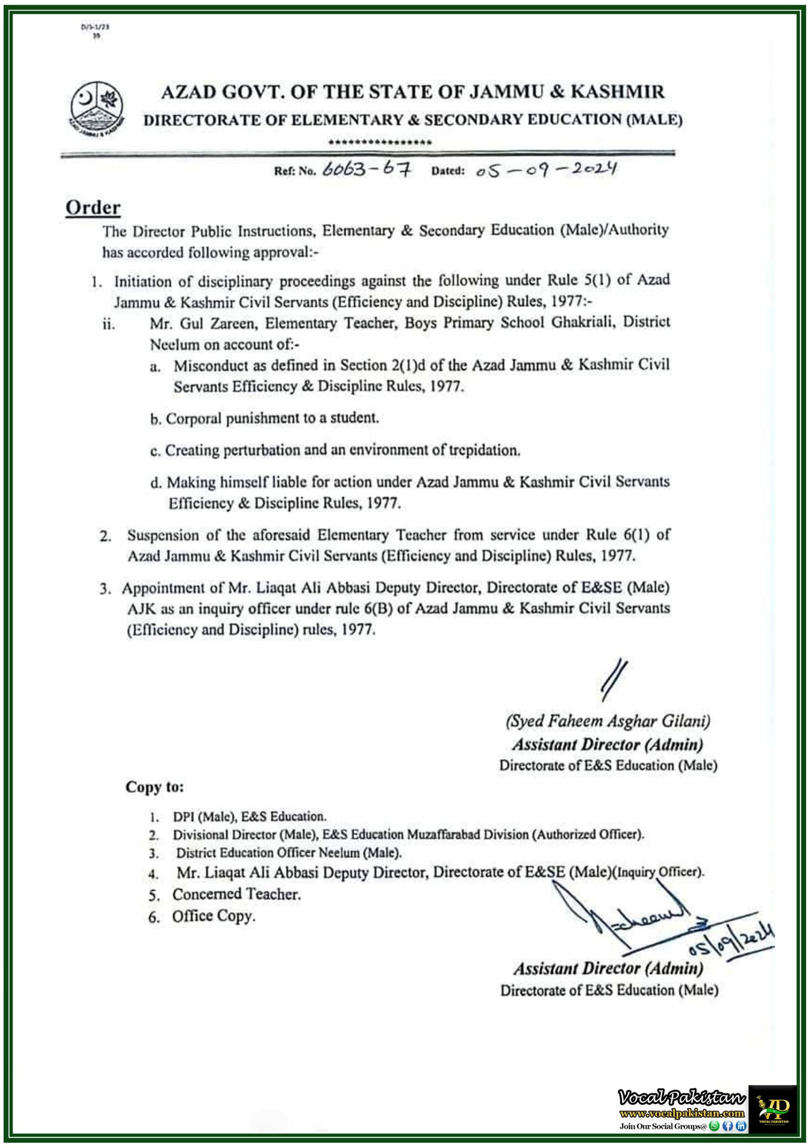 Disciplinary Action Initiated Against Elementary Teacher in Neelum District: Azad Jammu & Kashmir Directorate of Education Issues Suspension Order-Notification