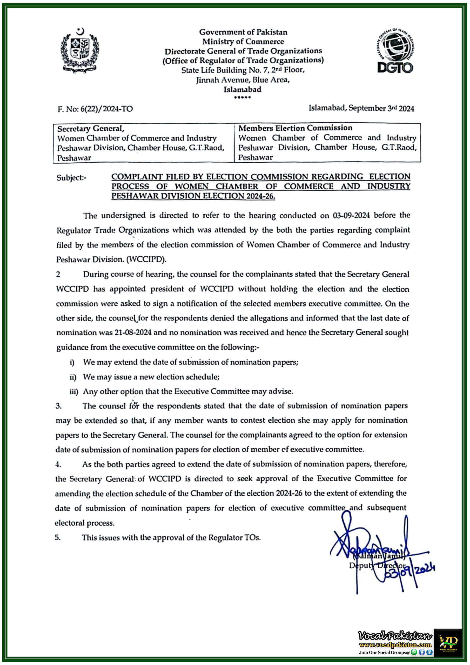 Federal 3 Election Dispute at Women Chamber of Commerce, Peshawar Division Resolved Nomination Deadline Extended-Notification