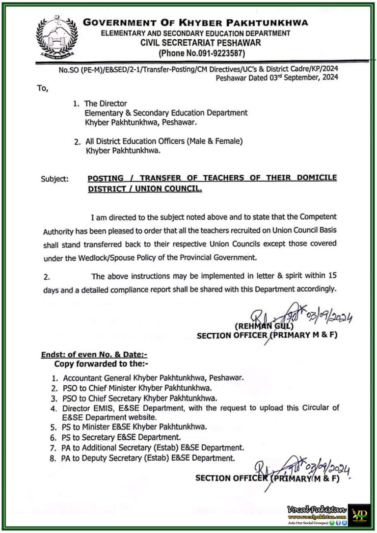 Elementary And Secondary Education Department Mandates Teacher Transfers To Local Union Councils According To Domicile Wedlock Policy Exemptions Apply-Notification